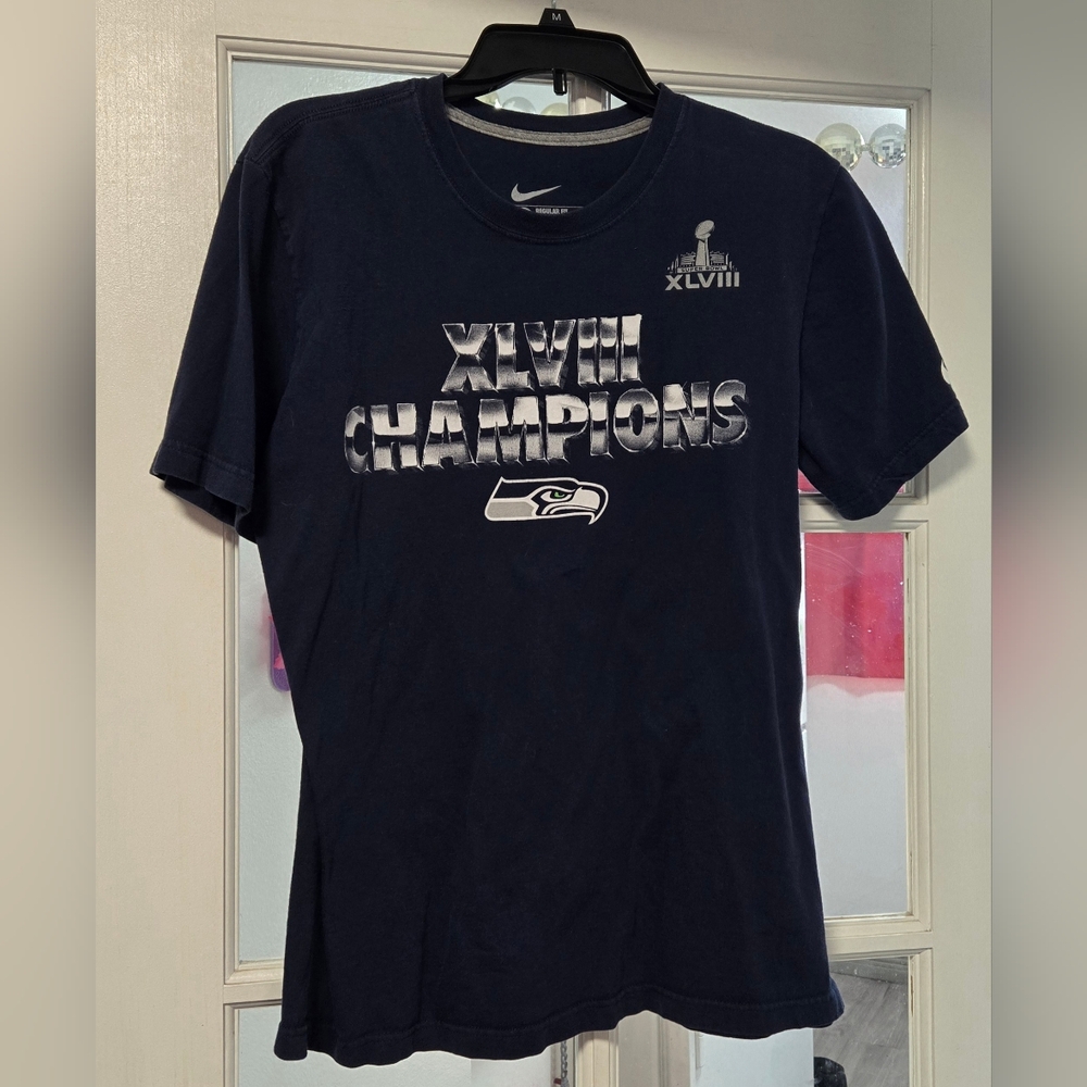 Nike Seattle Seahawks Super Bowl 48 Champions T-Shirt Size Mens Medium Blue NFL